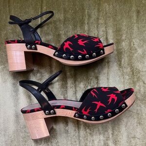 MIU MIU Wood Platform Sandals, Size 41/11 , 3" Heels, With Box Red & Black Bird